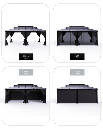 12' x 20' Permanent Outdoor Hardtop Gazebo, Sturdy Aluminum Frame Backyard Canopy with Double Polycarbonate Roof, Includes Mosquito Netting and Curtains for Patio, Lawn & Garden