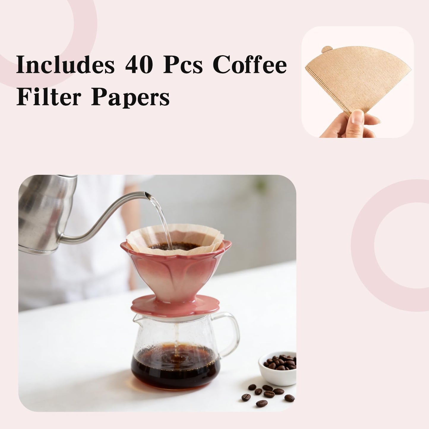 DHSUN Premium Ceramic Pour Over Coffee Dripper，Includes 40pcs Coffee Filter Papers, suitable for home and travel, Flower Petal Dripper（Gradient Red）