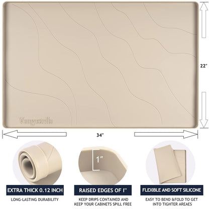 Vangostella Heavy Duty Silicone Under Sink Mat for Kitchen&Bathroom 28" x 19",Waterproof Under Sink Rubber Mat Drip Tray, Raised Edge Under Sink Liner,Prevent Drips, Leaks, Spills,Beige