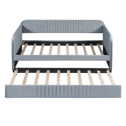 Merax Twin Size Upholstered Daybed with Trundle Bed and Wood Slat, Gray Velvet Sleeper Sofa Bed, No Box Spring Needed