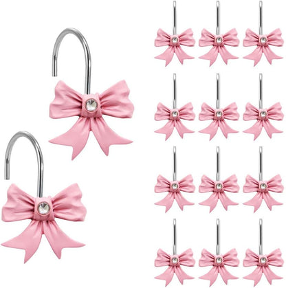 Skiennix Decorative Shower Curtain Hooks - Pink Bow Knot Resin Rings for Bathroom & Nursery Decor | 12PCS Set