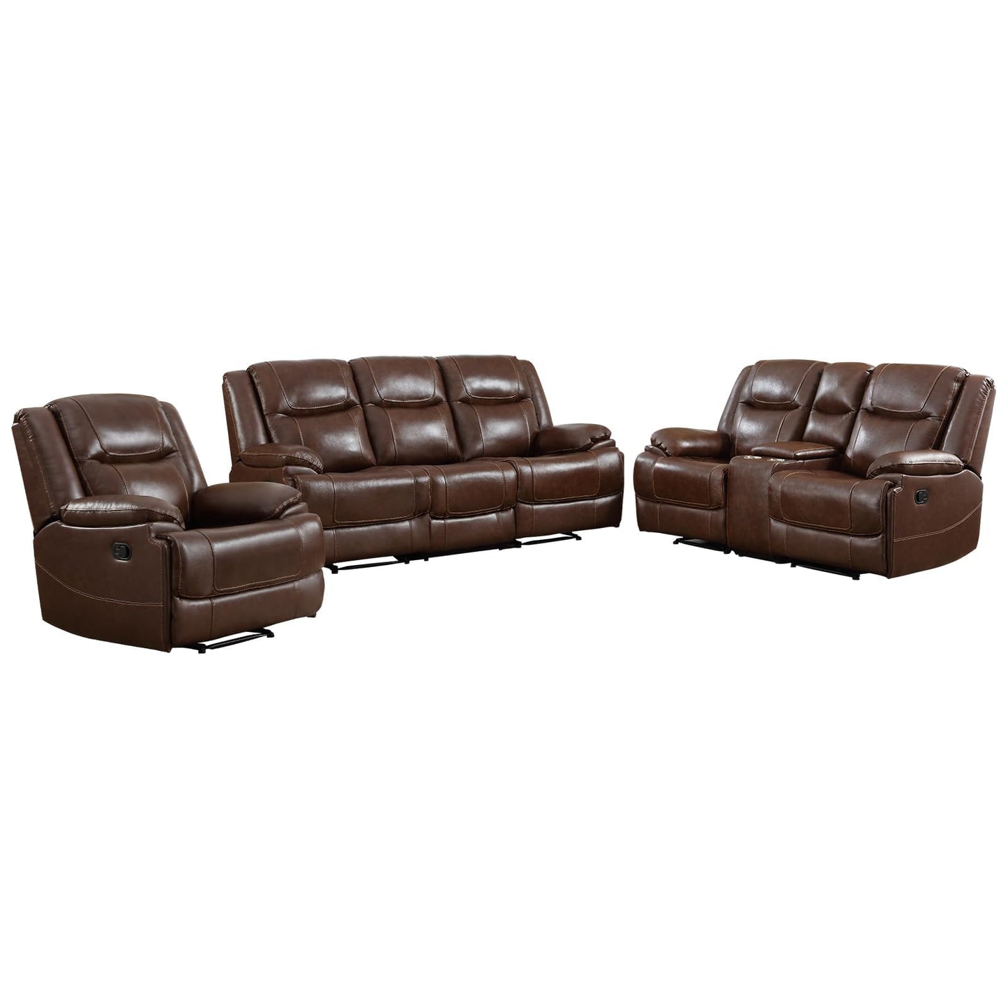 EBELLO Genuine Leather Manual Recliner Sofa Set, 1 Seat Reclining Chair, a Loveseat, a 3 Seater Sofa with Storage Cup Holders, Modern Durable Home Furniture Set for Living Room, Vintage Brown