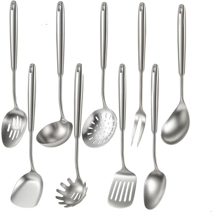 Newness 9 Pcs Cooking Utensils Set, 304 Stainless Steel Kitchen Utensils Set, Metal Kitchen Accessories, Include Soup Ladle, Slotted Skimmer Spoon, Spaghetti Spoon and Spatula, Dishwasher Safe