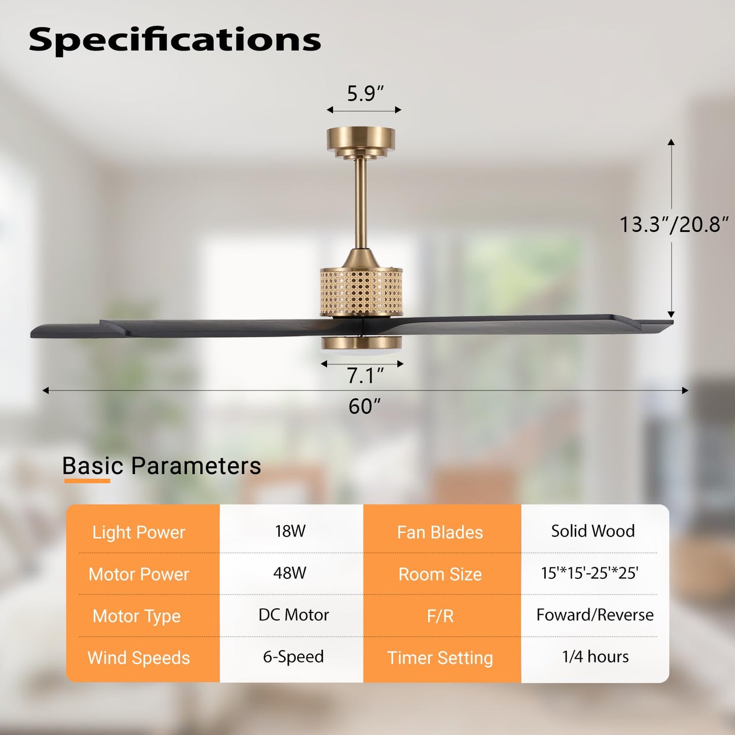 LEDLUX 60" Ceiling Fan with Light – Remote Control, Solid Wood, 6-Speed, Quiet Reversible DC Motor, Black/Gold Finish, 4.5"/12" Downrods, Noiseless Large Ceiling Fan for Bedroom, Living Room, Porch