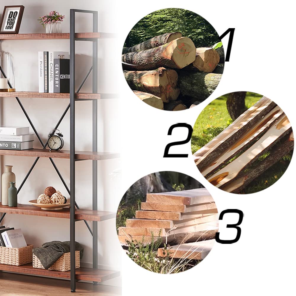 HSH 5 Tier Solid Wood Bookshelf, Natural Real Wood Bookcase, Industrial Rustic Vintage Etagere Bookshelf, Open Metal Farmhouse Solid Wooden Book Shelf, Distressed Brown