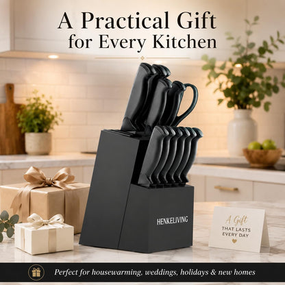 HENKELIVING Knife Set, 14-Piece Black Dishwasher Safe Kitchen Knife Block Set with Built-In Sharpener, German High Carbon Stainless Steel Blades, Ultra Sharp Knives with Ergonomic Non-Slip Handles