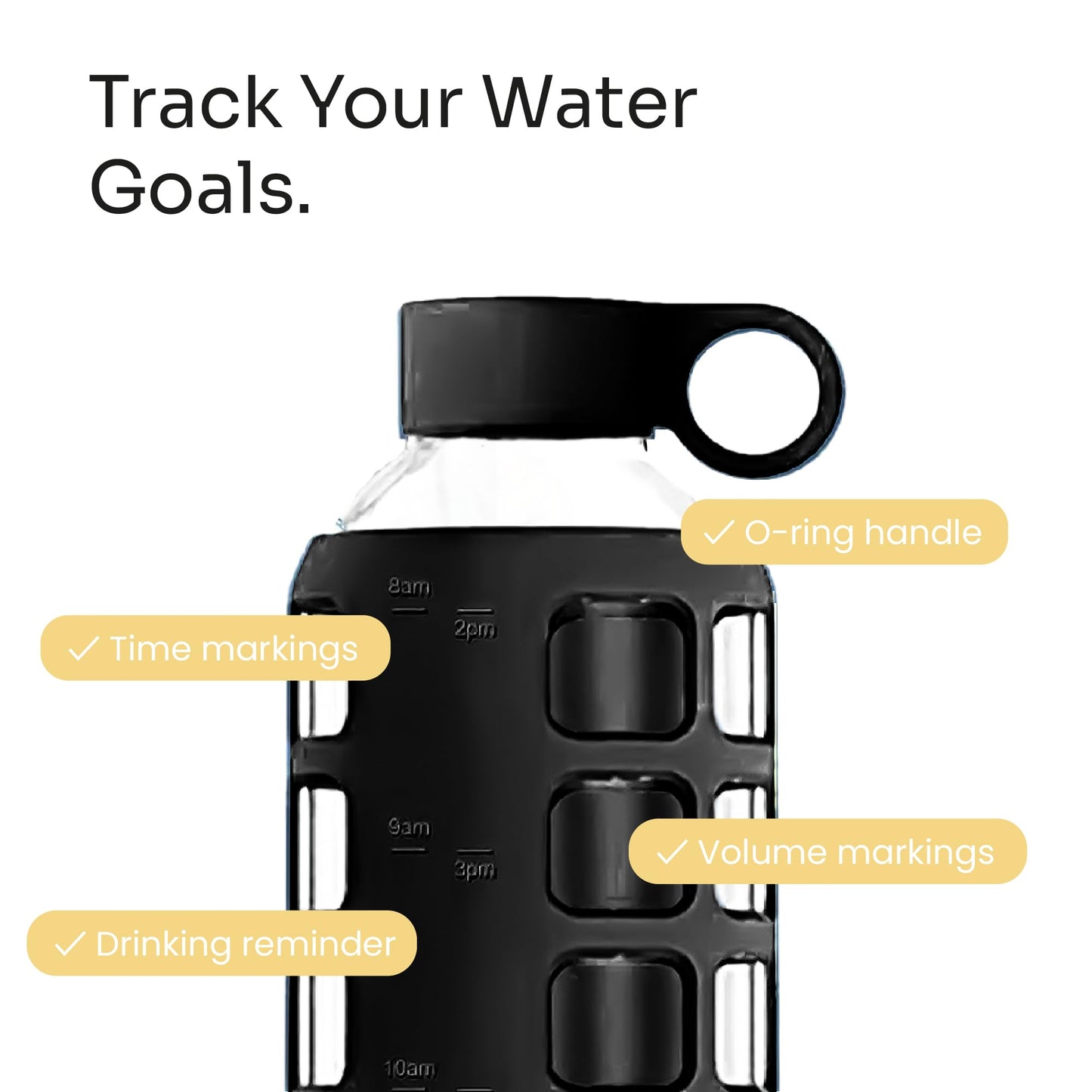 purifyou 40oz / 32oz / 22oz / 12oz Borosilicate Glass Water Bottle with Time & Volume Markers, Silicone Sleeve, Stainless Steel Lid | Reusable Glass Bottle for Water & Juice (32oz Jet Black)