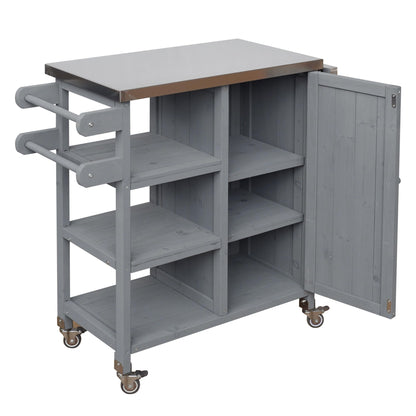 Foldable Outdoor Kitchen Island Cart with Stainless Steel Top, Rolling Grill Table with Storage Cabinet Shelves and Double Towel Rack, Wooden BBQ Prep Station with Lockable Wheels for Patio, Grey