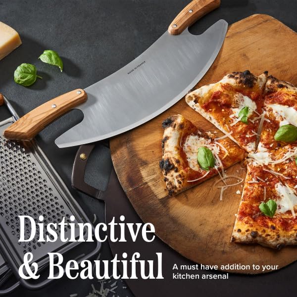 17” Pizza Cutter Rocker Blade - Stainless Steel Slicer with Double Olivewood Handles for Easy Cutting - Large Mezzaluna Chopper - Pizza Oven Accessories by Classic Cuisine