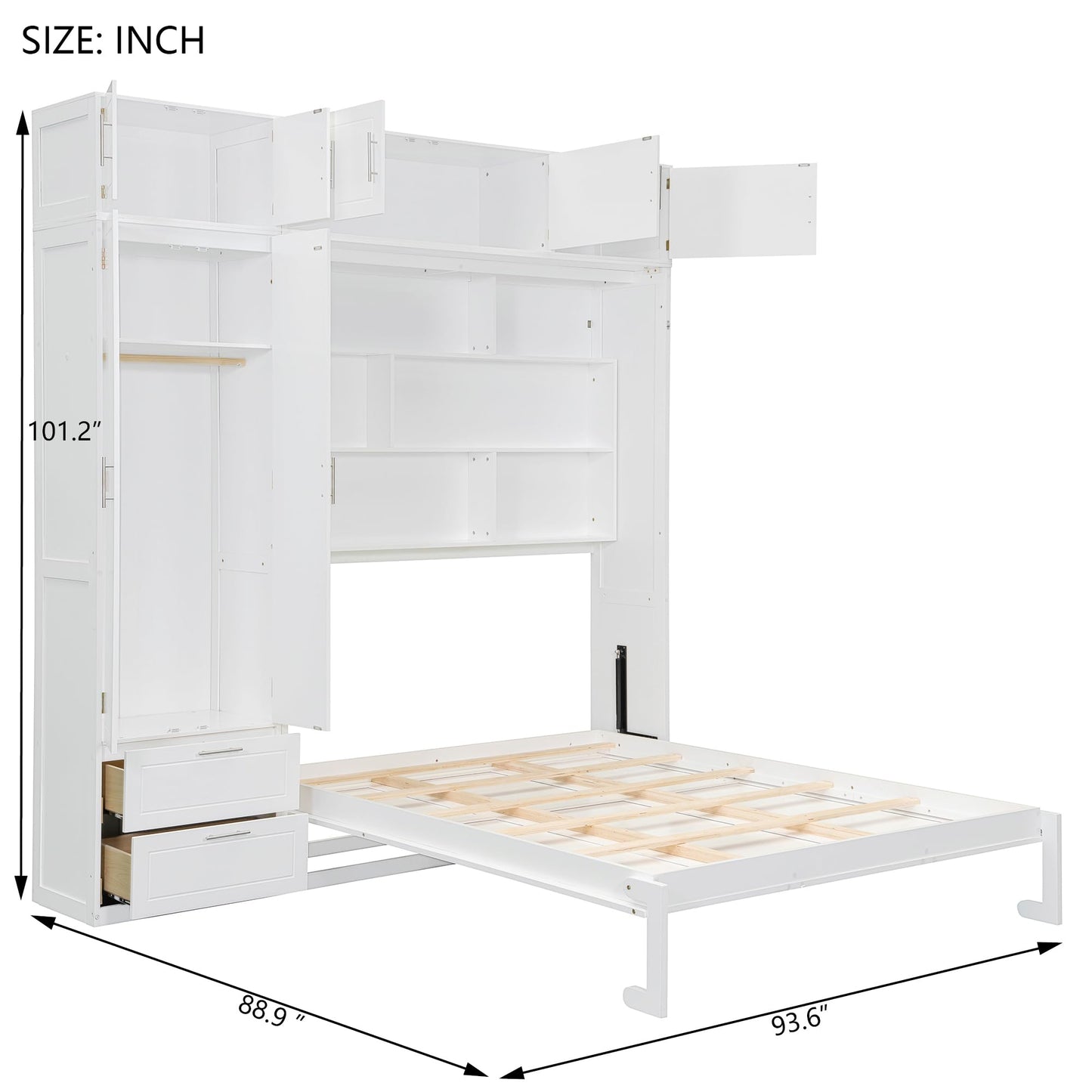 DNYN Murphy Bed Frame with Top Cabinets and Wardrobe for Bedroom/Guest Room/Home Office, Queen Size Foldable Wall Bed with Storage Drawers and Shelves, No Box Spring Needed