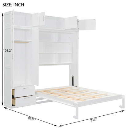 DNYN Murphy Bed Frame with Top Cabinets and Wardrobe for Bedroom/Guest Room/Home Office, Queen Size Foldable Wall Bed with Storage Drawers and Shelves, No Box Spring Needed