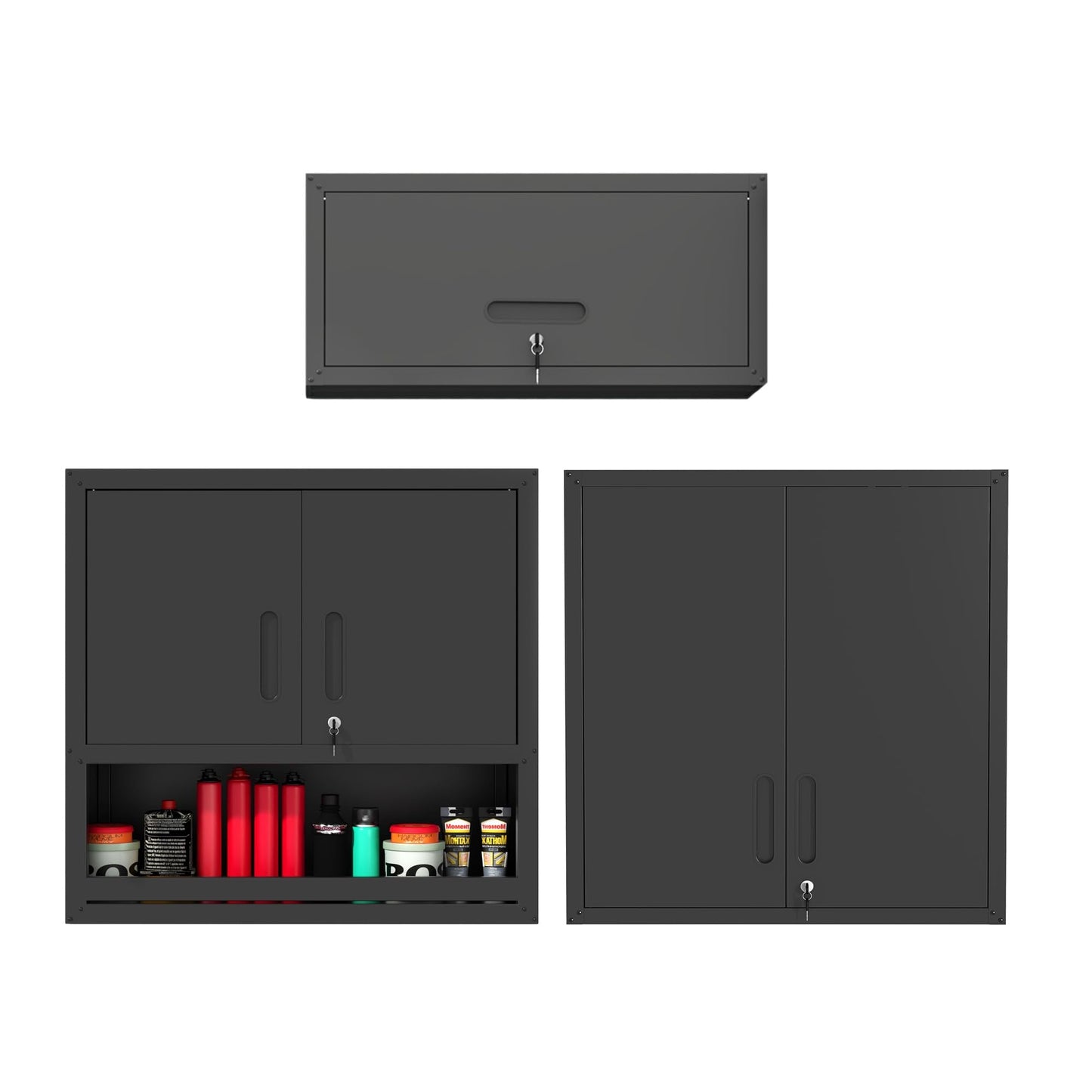 3-Pack Garage Tool Cabinet,Heavy Duty Steel Garage Storage System with Lockable Doors & Adjustable Shelves,Wall Mount Tool Cabinet Set for Workshop Organization,Black