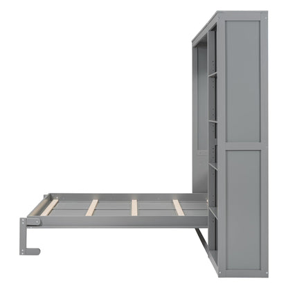 Merax Space-Saving Gray Murphy Bed Full Size with Adjustable Storage Shelves, Multifunctional Foldable Wall Bed for Small Spaces Studio Study Office Guest Room
