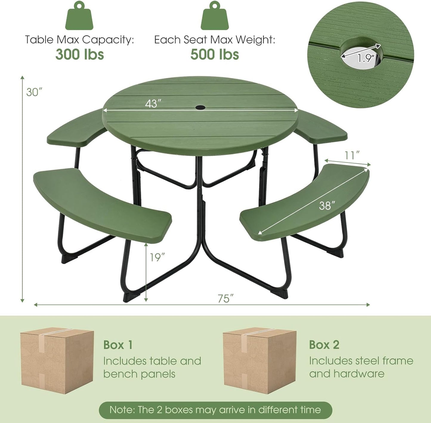 Julimoon Round Picnic Table for Outdoors, 8 Person Outdoor Picnic Tables & Benches Set with Umbrella Hole, HDPE Tabletop & Metal Frame, 2000 LBS Capacity Table Bench Set for BBQ, Garden, Lawn, Patio