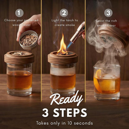 Whiskey Smoker Kit – Cocktail Smoking Kit for Smoked Whiskey, Bourbon & Old Fashioned Drinks, Wooden Gift Box Set with 6 Wood Chip Flavors and Smoking Tools