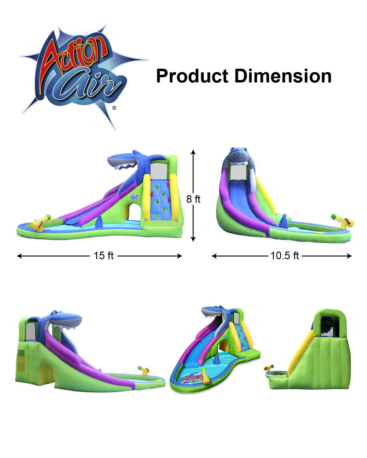 ACTION AIR Inflatable Water Slide, Shark Bounce House with Slide for Wet and Dry, Playground Sets for Kids Backyard, Water Spray & Water Pool, Durable Sewn with Extra Thick Material