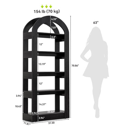 LITTLE TREE 5-Tier Bookshelf, Arch-Shaped Racks, Tall Standing Wooden Bookcase Display Shelf Modern Storage Solution (2, Black)