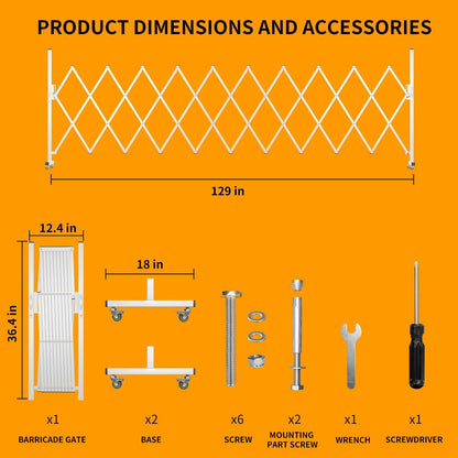 Expandable Barricade Gate,129” Metal Safety Barrier Gate with Casters,Accordion Garden Yard Outdoor Indoor Fence Folding Security Dog Gates Wall Mount,White