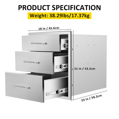 SGOLAN Outdoor Kitchen Drawers 18" W x 21" H x 23" D Flush Mount Triple BBQ Drawers with Chrome Handle Stainless Steel Drawer for Outdoor Kitchen Island, Patio Grill Station