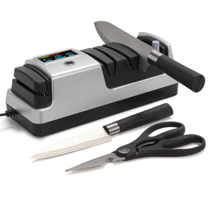 Ceelpeopar Silver Professional 3-Stage Electric Knife Sharpener for Kitchen Knives, LCD Screen, 100% Diamond Abrasive, Adjustable Rotational Speed, Precision Angle Guides for All Kitchen Knives