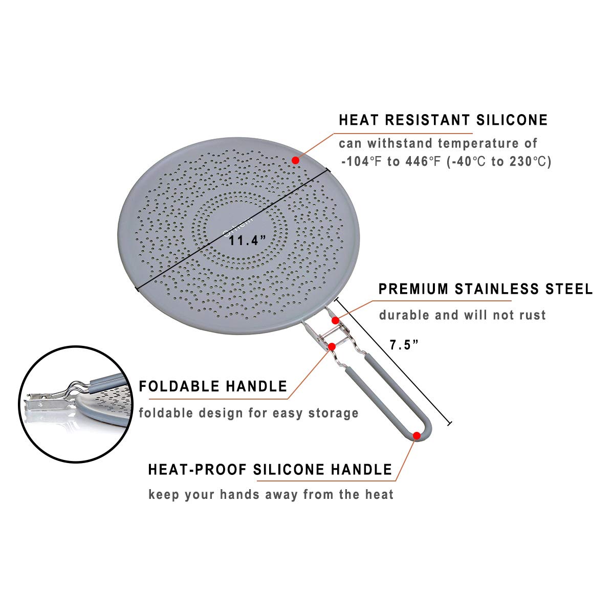 11" Silicone Splatter Screen Pan Cover with Folding Handle, Heat Insulation Cooling Mat, Strainer, Drain Board, Oil Splash Guard for Frying Pan