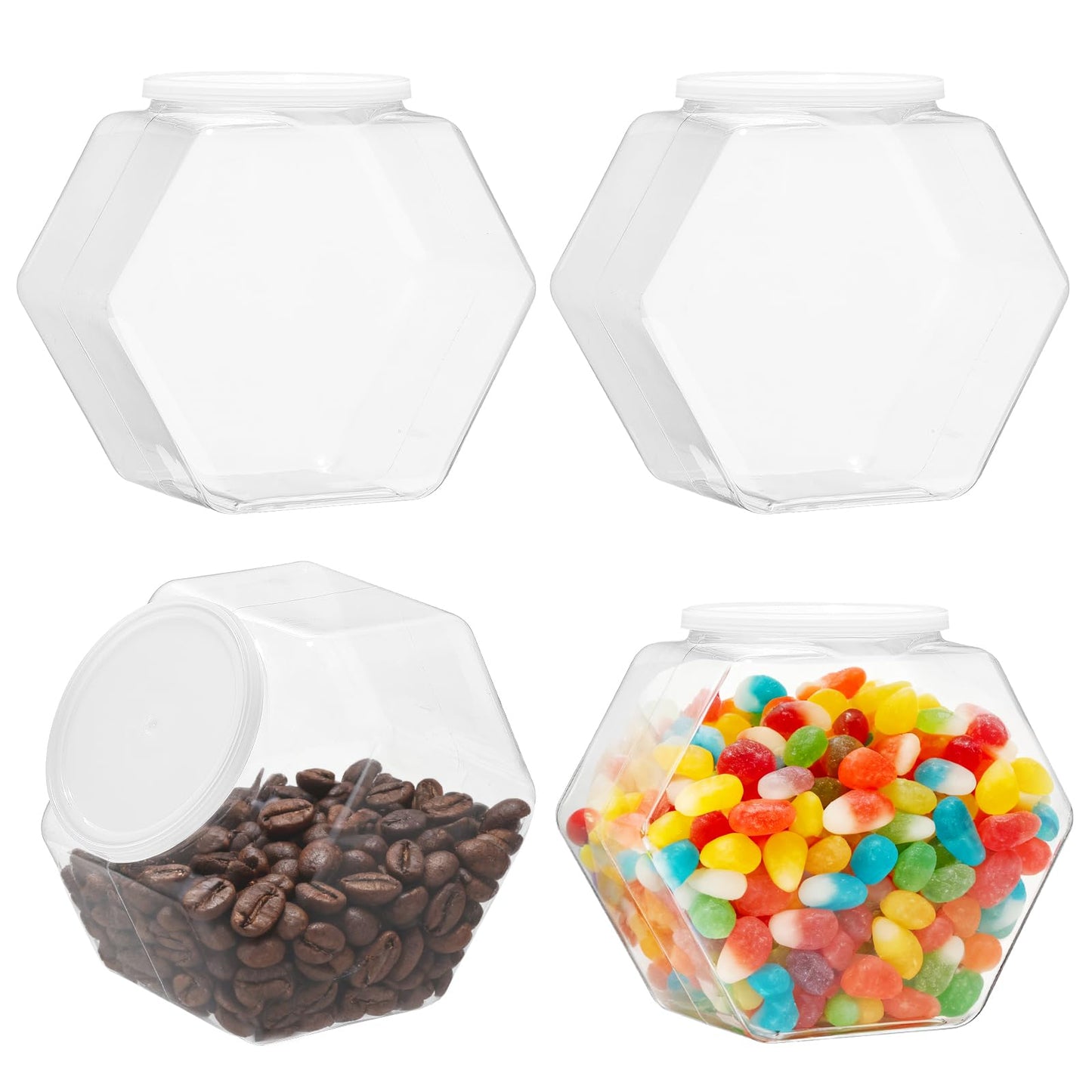 4 Pack Plastic Candy Jars with Lids Hexagon Cookie Jars Kitchen Counter Candy Bar Containers Acrylic Clear Containers for Buffet Storage Display Dog Treat Laundry Pod Buffet Craft Kitchen Storage