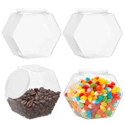 4 Pack Plastic Candy Jars with Lids Hexagon Cookie Jars Kitchen Counter Candy Bar Containers Acrylic Clear Containers for Buffet Storage Display Dog Treat Laundry Pod Buffet Craft Kitchen Storage