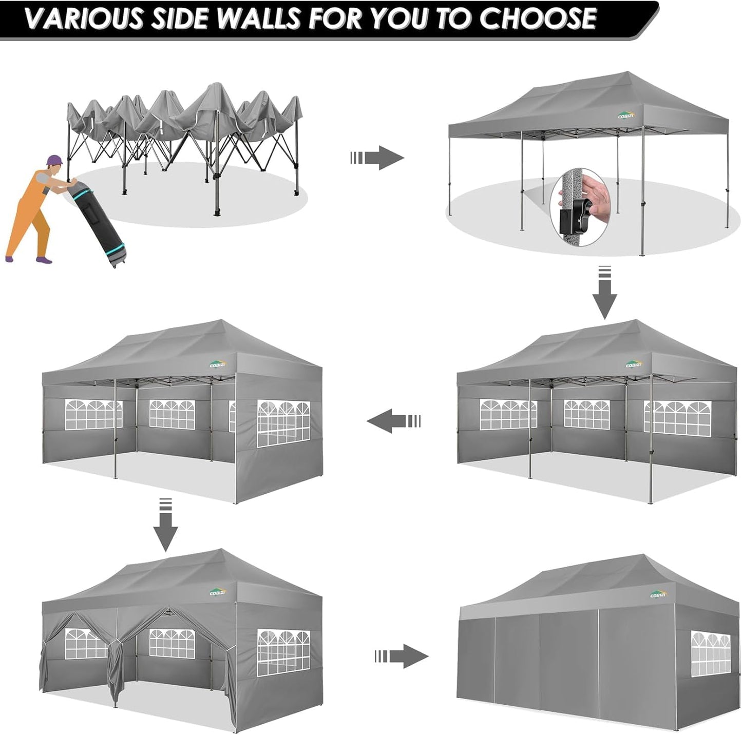 COBIZI 10x20 Heavy Duty Pop up Canopy Tent with 6 sidewalls Easy Up Commercial Outdoor Wedding Party Tents for Parties All Season Wind & Waterproof Gazebo Roller Bag, Light Grey(Frame Thickened)
