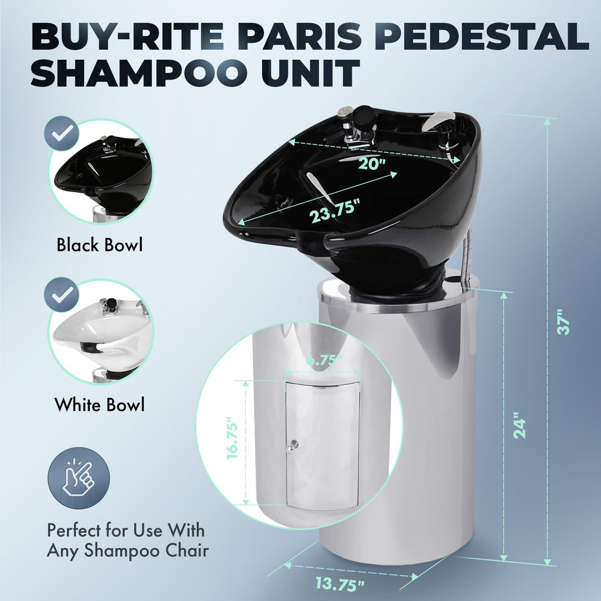 Buy-Rite Paris Pedestal Shampoo Unit – Professional Salon Shampoo Station with Tilting Porcelain Bowl, Silver Base with Black Bowl – Includes Faucet, Spray Hose, Drain & Vacuum Breaker