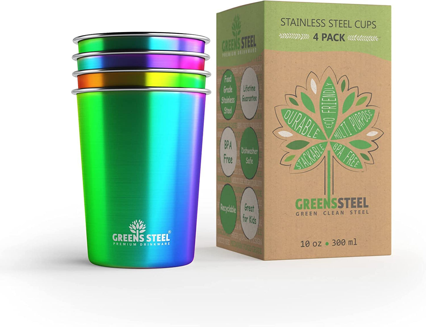 10oz Kids Cups – Stainless Steel Cups for Home, Party, Camping & Outdoor Activities – BPA Free, Unbreakable, Premium Stackable Metal Drinking Glasses for Children (4-Pack)