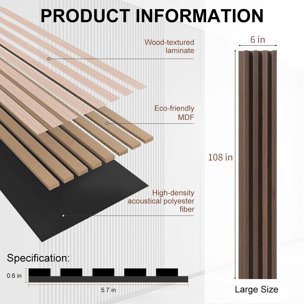 NovaGrid Board 4PCS Acoustic Wood Slat Wall Panels for Wall Decor and Ceiling 3D Fluted Sound Absorbing Panel Soundproof with Wood Finish 108"×6" (Cherry Dark)