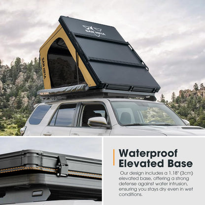 Sanhima Rooftop Tent Hard Shell - Hotham Overland Aluminium Roof Top Tent w/Larger Space, LED Strip Light & Skyview Window, 2” Thick Mattress, for Car SUV Truck Camping, 2-3 People, Khaki