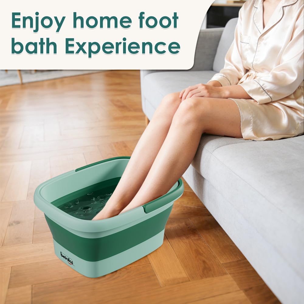 Collapsible Foot Bath Basin for Soaking Feet,Pedicure Foot Spa, Foot Tub with Handles and Massage Acupoint,Multifunction Collapsible feeting Soak Tub-Green