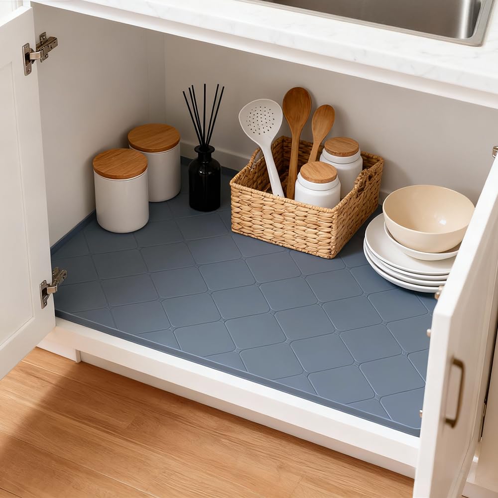 HDFAZHM Under Sink Mats for Kitchen : Waterproof 19" x 22" Under-Sink Organizers Sink Mat Protectors, Flexible Silicone Drip Tray Pet Food Mats Kitchen Bathroom Drawer Shelf and Cabinet Liner, Grey