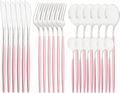 Mirror Cutlery Serving Set, 24-Piece Stainless Steel Silverware with Pink Handle, Modern Tableware for Home Party