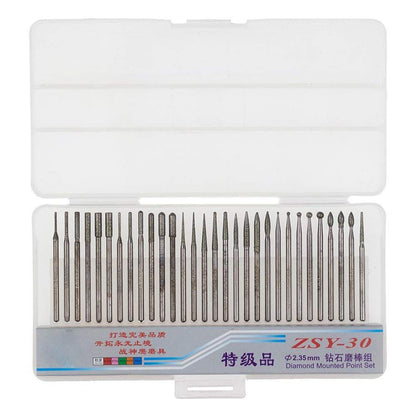 Yakamoz 30Pcs 2.35mm Shank Titanium-Coated Diamond Burrs Set Rotary File Burs Accessories Kit for Rotary Grinder Tools Grinding Polishing Carving Stone Jewelry Glass Ceramics