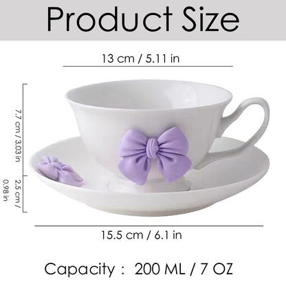 Disoza Bow Coffee Mugs Set with Saucer 200 ML Coquette Mug Porcelain Bow Cute Tea Cup Coffee for Women Girl