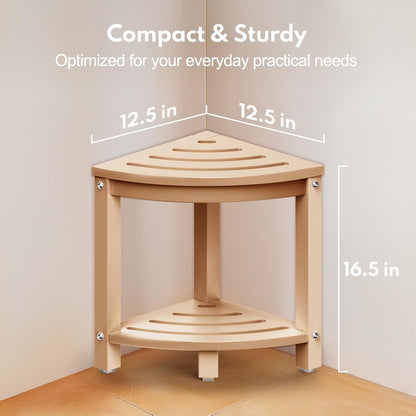 Corner Shower Stool for Inside Shower, HDPE Outdoor Side Table with 2-Tier Storage, Non-Slip Feet, White