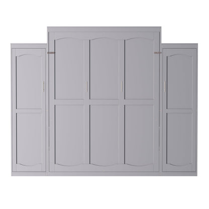 Merax Queen Size Wood Murphy Bed, with 2 Wardrobe and Storage Shelf, Multifunctional Foldable Wall Platform Bedframe for Guest-Room, Bedroom, Gray
