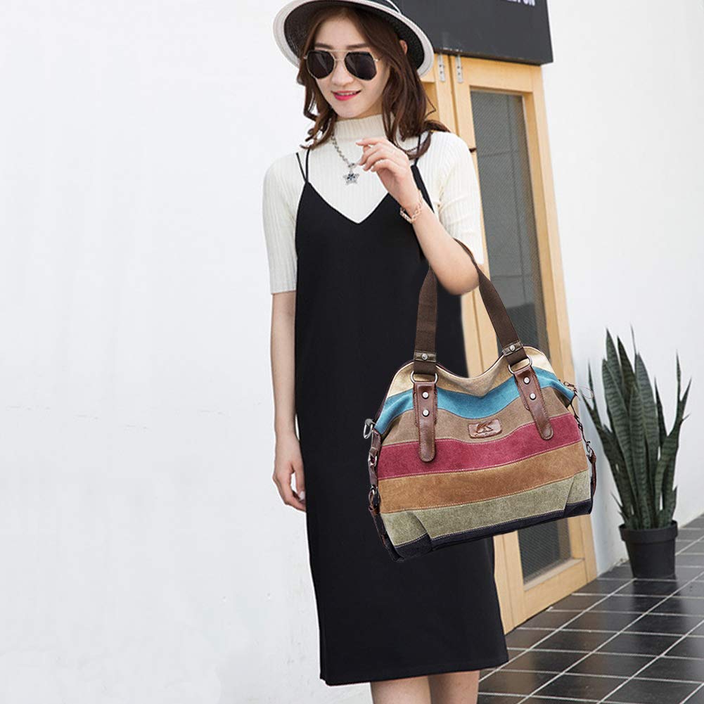 SNUG STAR Canvas Handbag Multi-Color Striped Lattice Cross Body Shoulder Purse Bag Tote-Handbag for Women (Multi Color D)