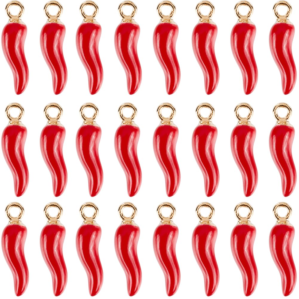 SUNNYCLUE 1 Box 100Pcs Hot Pepper Charm Chili Pepper Charms Enamel Mexican Fiesta Cinco De Mayo 3D Red Italian Horn Chilis Miniature Food Pendants for Jewelry Making Supplies DIY Necklace Keychain