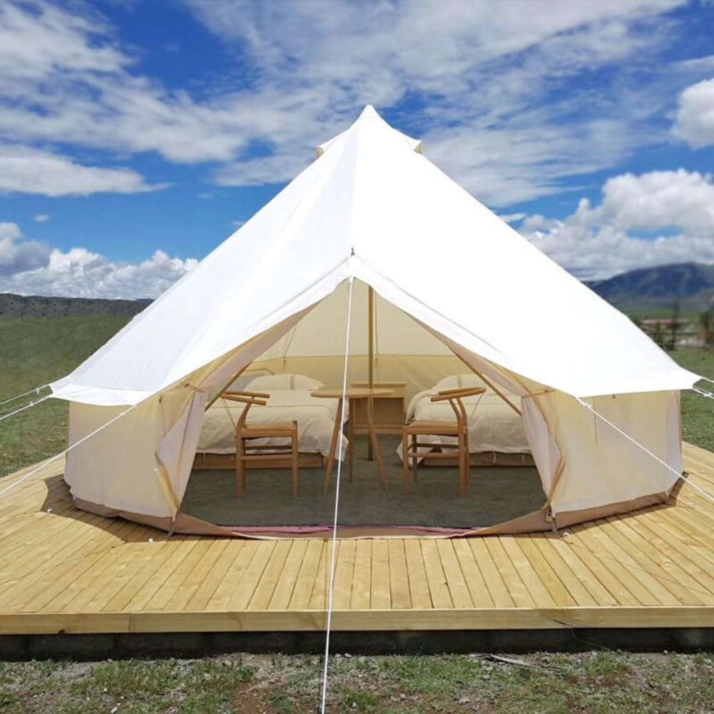 Outdoor Family Camping Safari Glamping Yurt Bell Tent with Mesh Screen - Waterproof Luxury 5M Bell Tent (Off White Oxford, 5M)