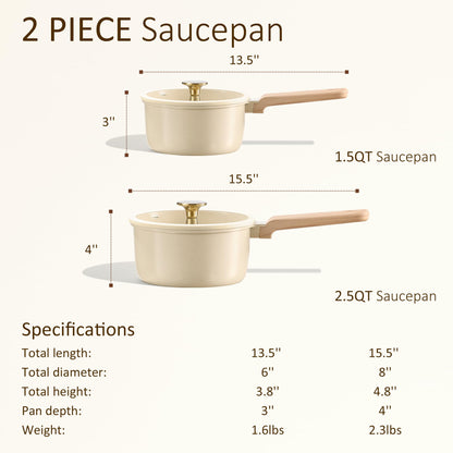 CAROTE 1.5Qt & 2.5Qt Sauce Pan Sets with Lid Ceramic Nonstick Pot Set Non Toxic Saucepan with Stay-cool Handle Small Kitchen Cooking Pots, Easy to Clean, Induction Comptable, PFOA FREE