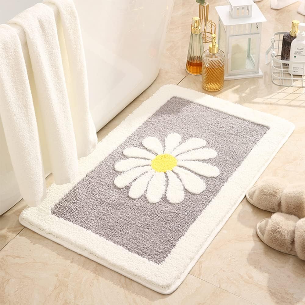 Hi Space Grey Bathroom Rugs Mat, 31.5x19.7IN, Non-Slip, Machine Washable, Cute Flower Bath Rug