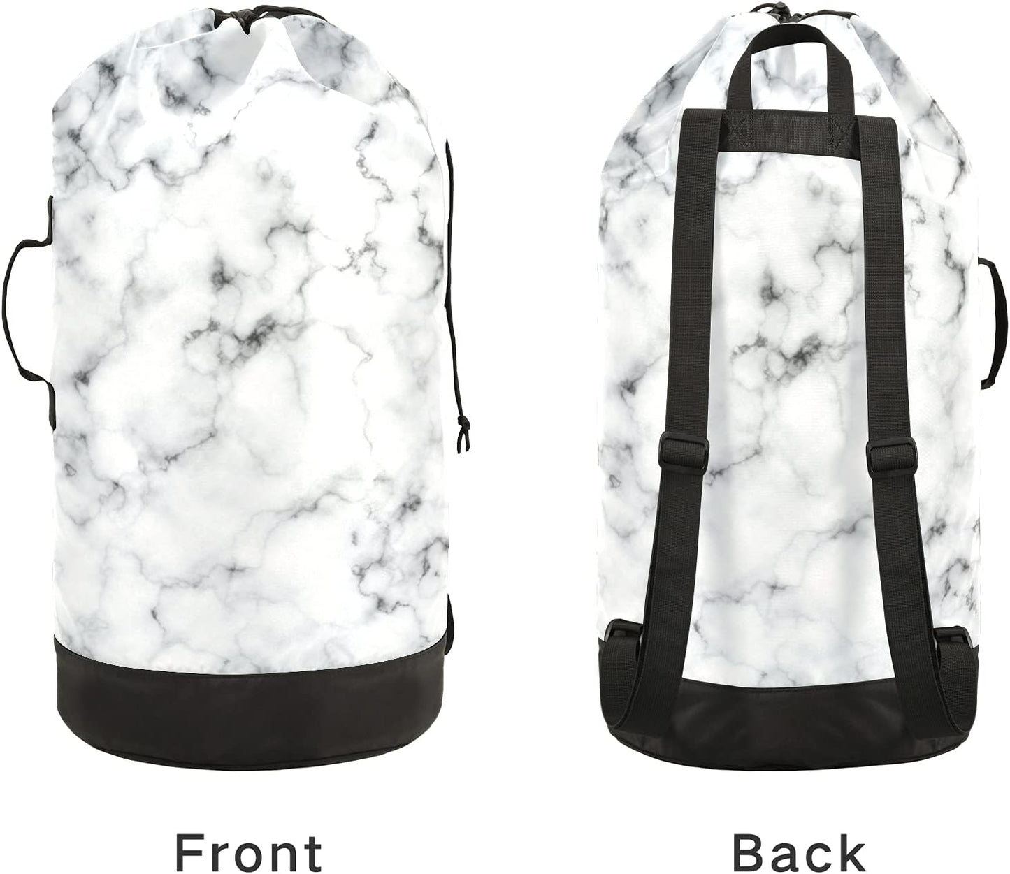 White Marble Laundry Bag, Large Heavy Duty Backpack for College Students, Washable with Shoulder Straps