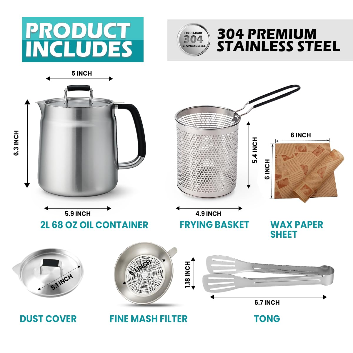 68oz 3-in-1 304 Stainless Steel Oil Filter Pot with Fine Mesh Oil Strainer & Tong, Heat-Resistant Handle, 2LCapacity Bacon Grease Container for Kitchen & Camping,Multi-Functional Frying Oil Container.