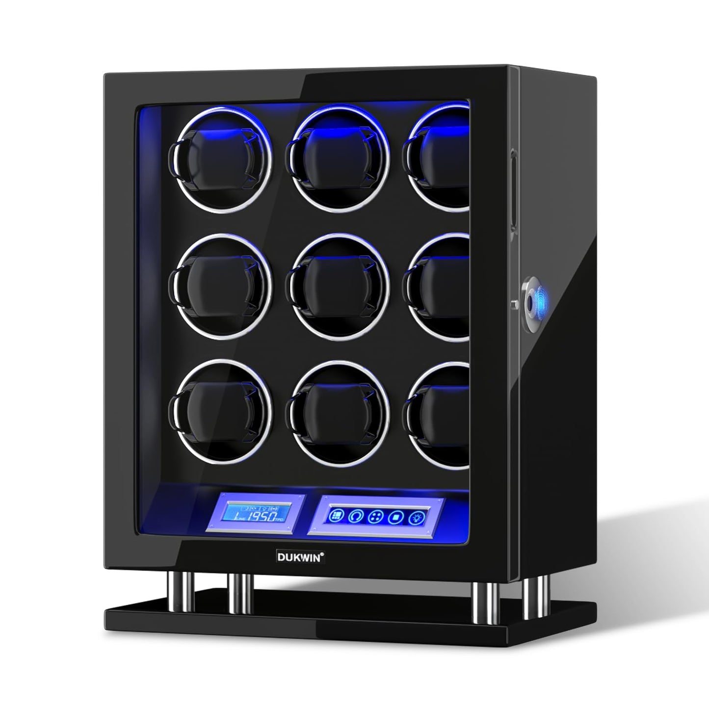 DUKWIN Watch Winder for 9 Automatic Watches, Fingerprint Lock Watch Winders with LCD Touchscreen, Blue LED Light, Remote Control,Adjustable Pillow and Quiet Motor for Universal Watches, 5TPD