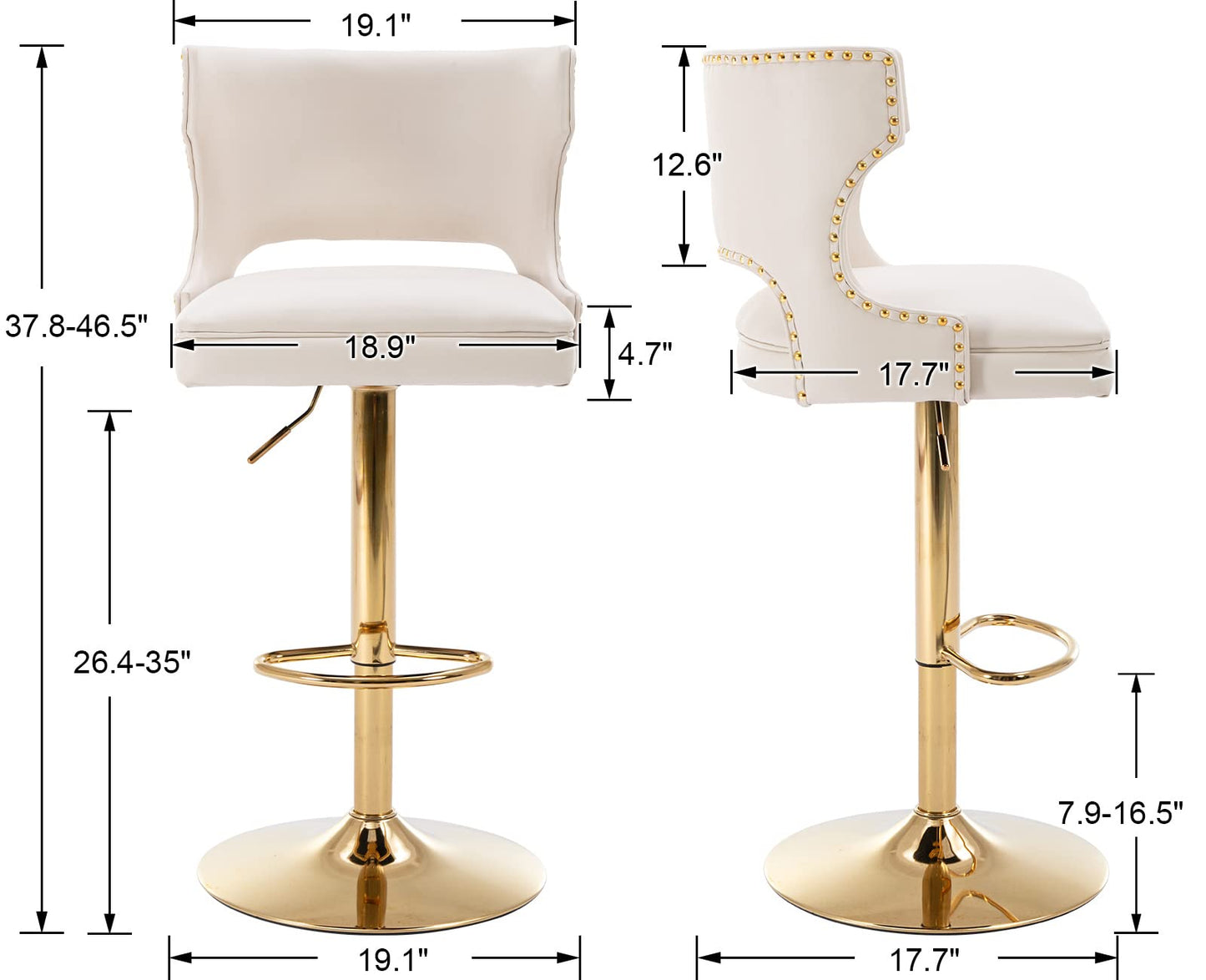 EALSON Leather Bar Stools Set of 2 Swivel Counter Height Barstools with Back Adjustable Bar Chairs with Gold Base Modern Upholstered Kitchen Island Stools for Home Bar Dining Room, PU Beige