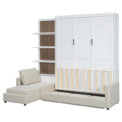 Ball & Cast Murphy Bed Queen Size Wall Chest with Sofa and Shelves,Wood Hideaway Cabinet Platform Bedframe w/Slat Support,can be Folded,Space-Saving,for Small Room,Dorms,White