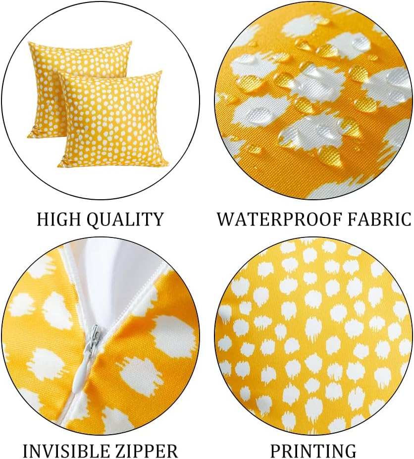 Set of 2 Outdoor Pillow Covers 16x16 Yellow Polka Dot Waterproof Decorative Pillow Cases for Summer Outdoor Sofa Bed